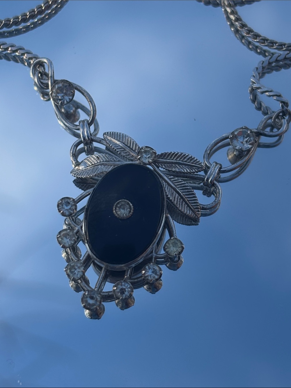 Vintage Van Dell Black Oval Necklace with Clear Crystal Accents + Earring Set